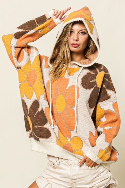 BiBi Flower Pattern Drawstring Hooded Sweater  Southern Soul Collectives