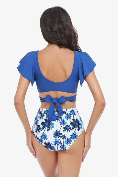 Two-Tone Flutter Sleeve Tied Two-Piece Swimsuit  Southern Soul Collectives