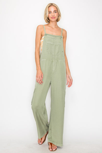 RISEN Wide Leg Tencel Cargo Overalls in Sage  Southern Soul Collectives