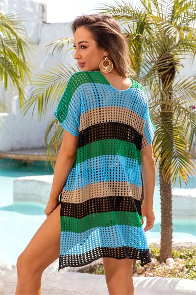 Openwork Striped V-Neck Short Sleeve Cover Up  Southern Soul Collectives