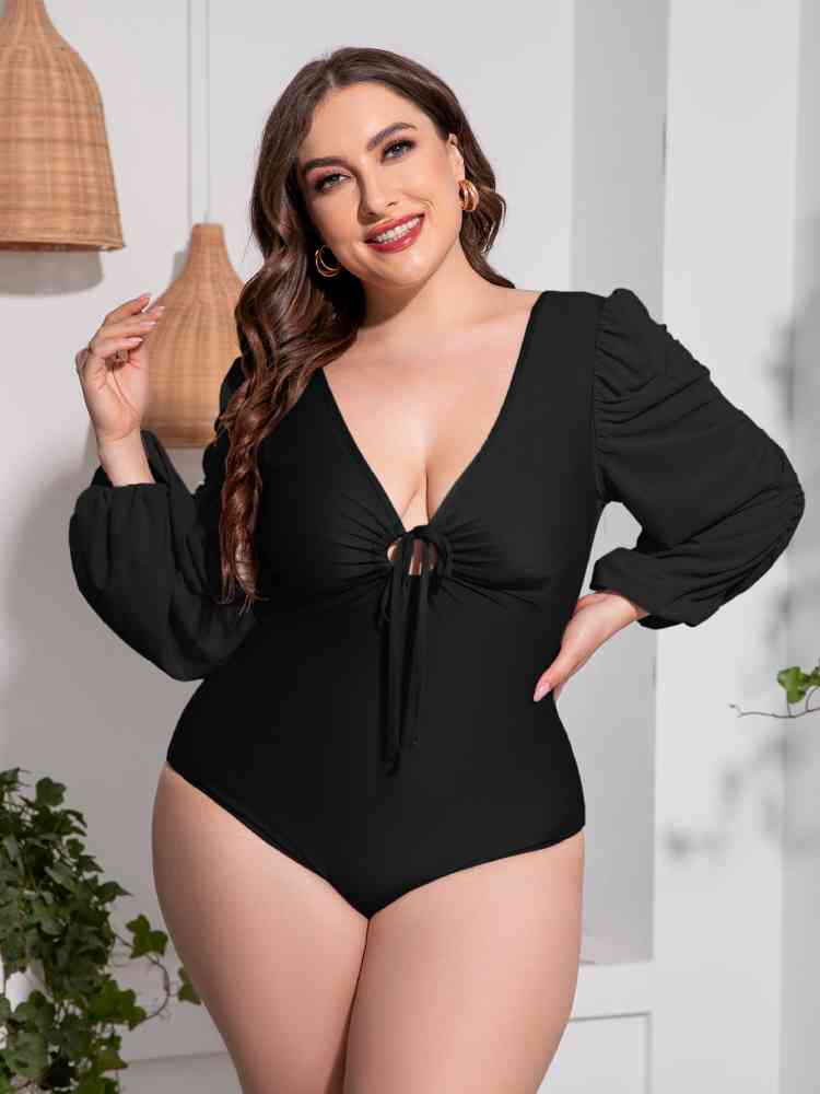 Plus Size Tied Deep V Balloon Sleeve One-Piece Swimsuit  Southern Soul Collectives