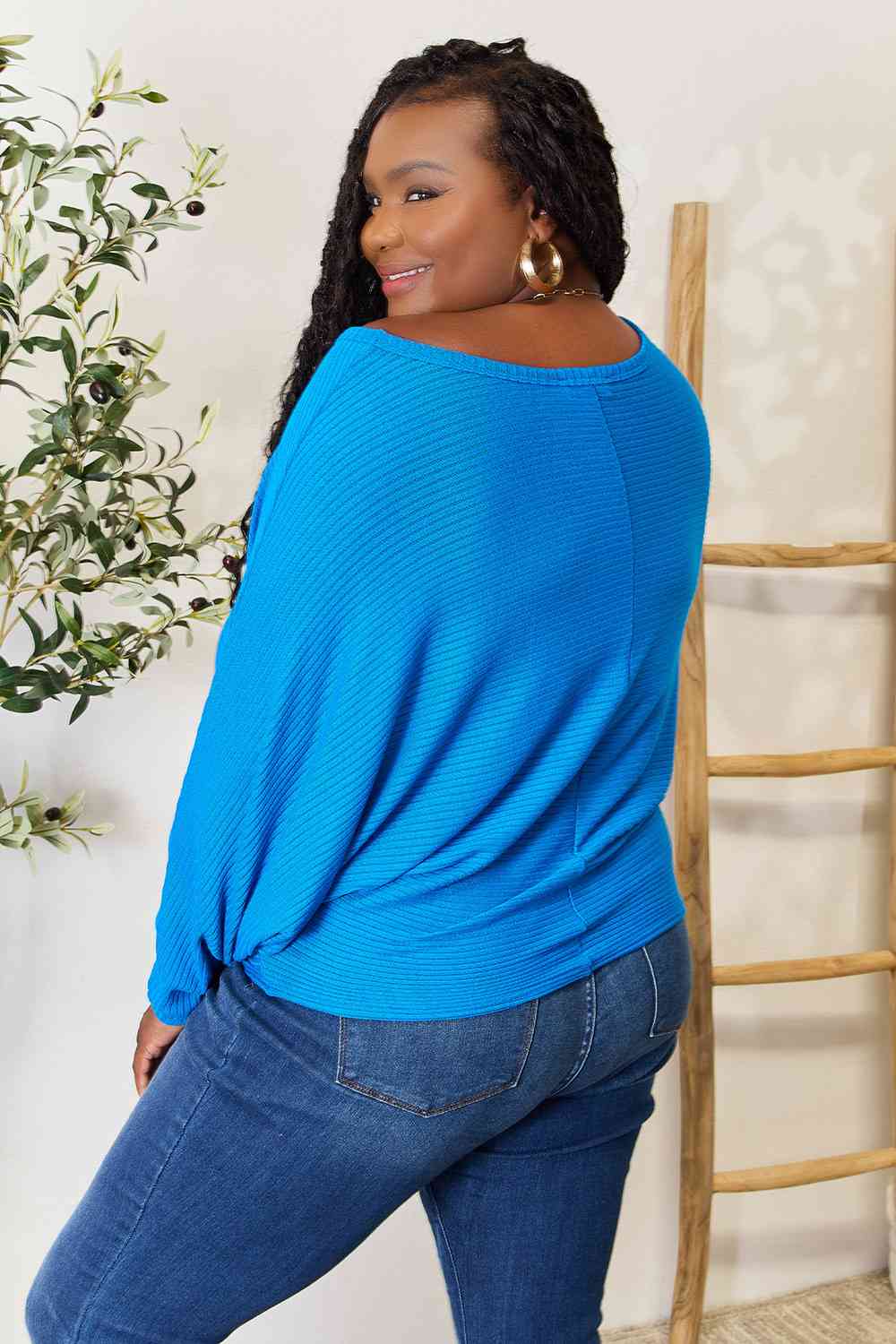 Round Neck Dolman Sleeve Ribbed Knit Blouse in Cobalt Blue - Southern Soul Collectives