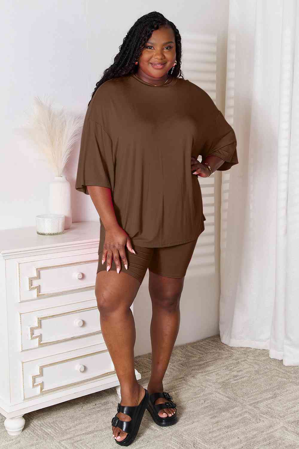 Basic Bae Full Size Soft Rayon Three-Quarter Sleeve Top and Shorts Set  Southern Soul Collectives