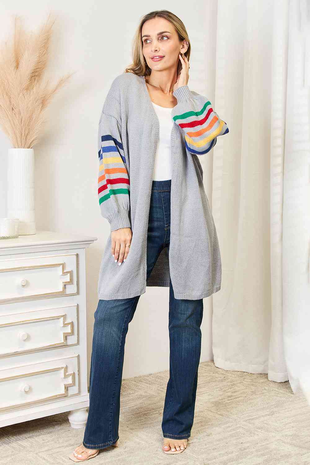 Rainbow Stripe Sleeve Open Front Longline Cardigan in Light Gray - Southern Soul Collectives