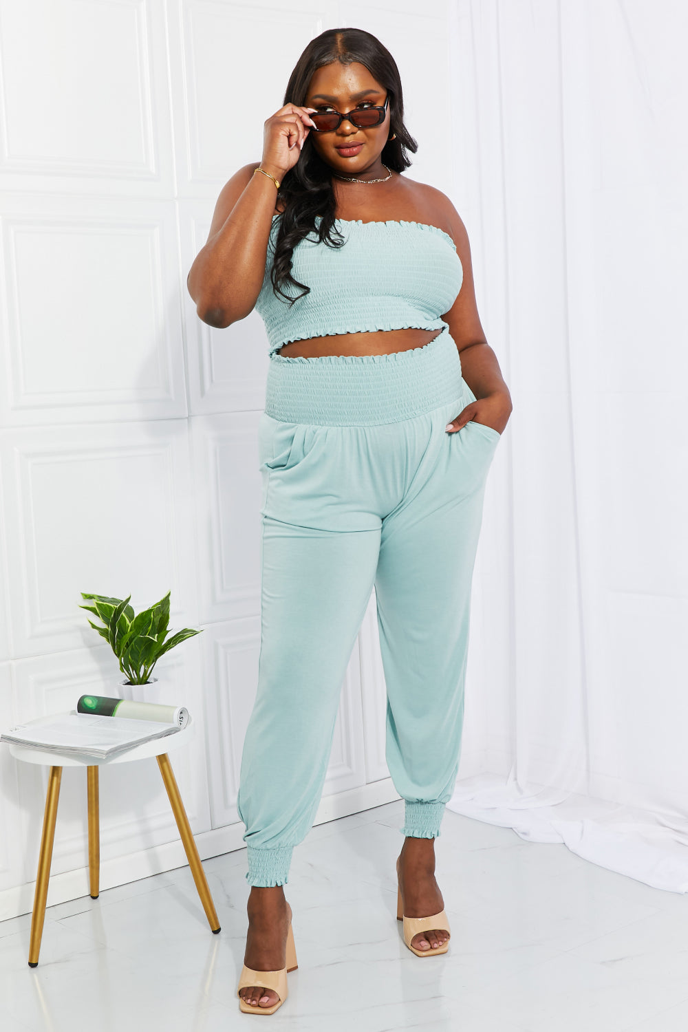 Zenana Stylish Comfort Smocked Tube Top & Joggers Set in Light Green  Southern Soul Collectives 