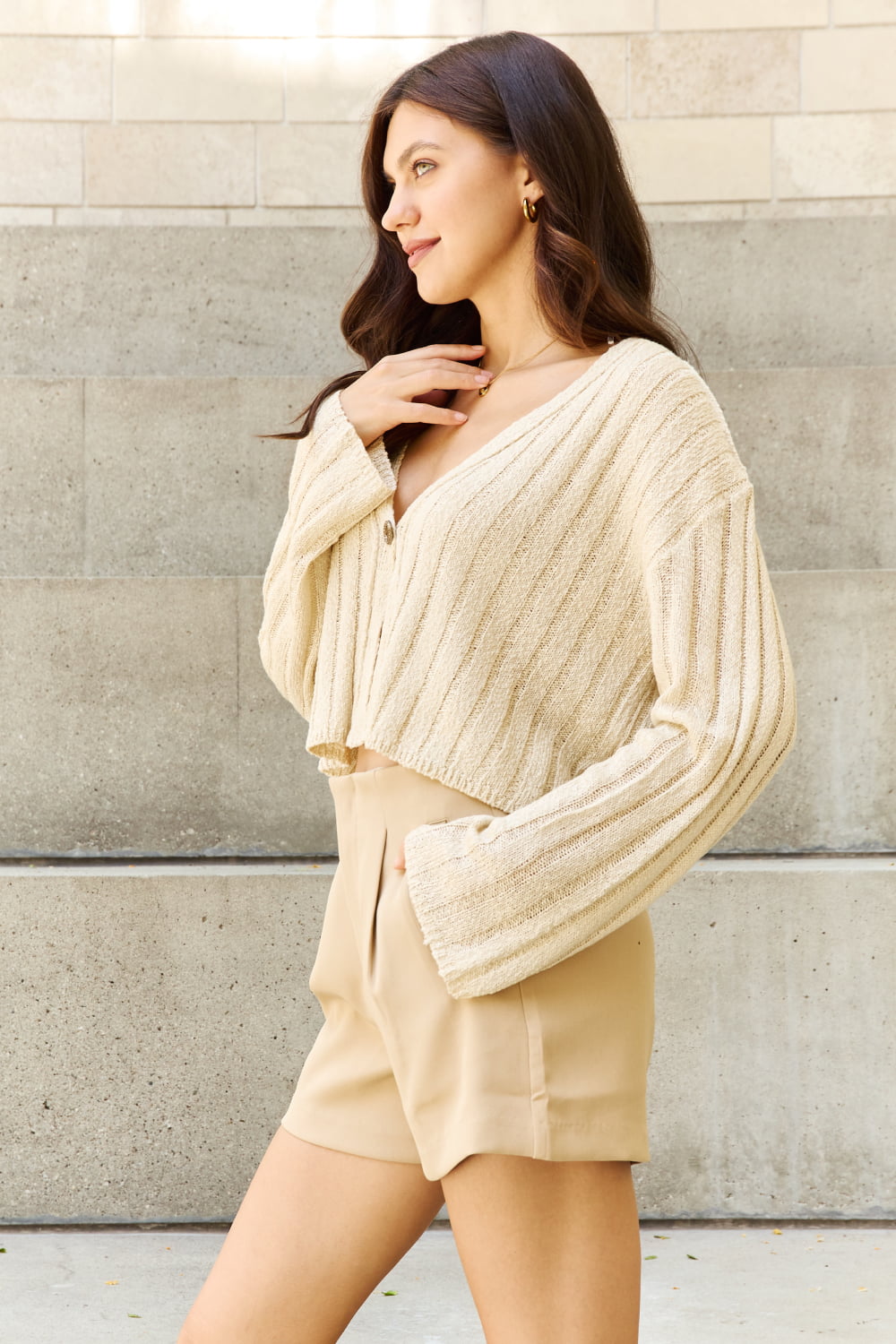 POL Hear Me Out Semi Cropped Ribbed Cardigan in Oatmeal  Southern Soul Collectives 