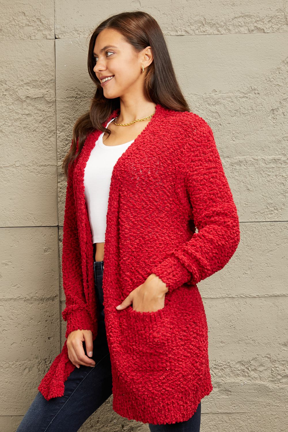 Falling For You Open Front Popcorn Cardigan in Red  Southern Soul Collectives 