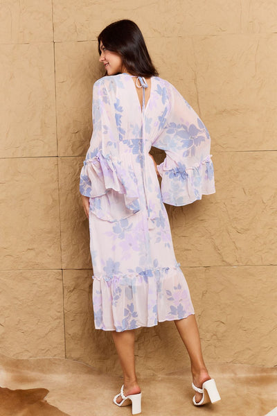 OneTheLand Take Me With You Floral Bell Sleeve Midi Dress in Blue  Southern Soul Collectives 