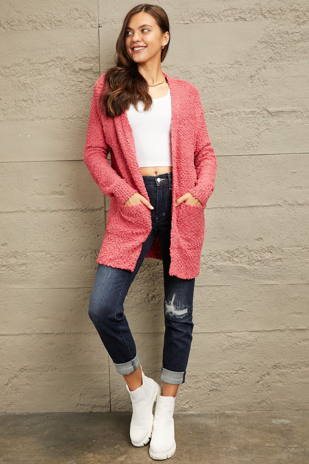 Zenana Falling For You Open Front Popcorn Cardigan in Strawberry  Southern Soul Collectives 