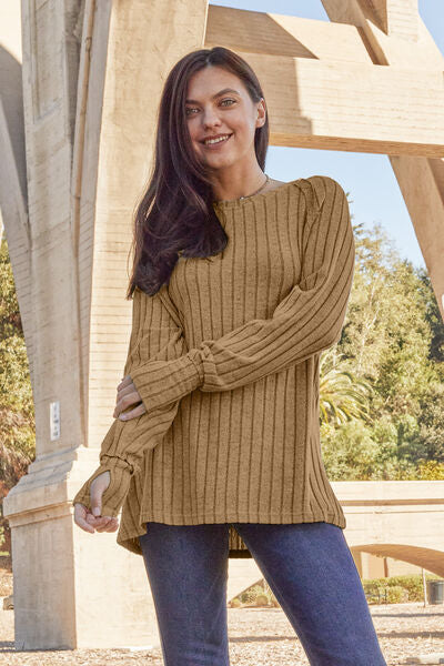 Ribbed Round Neck Long Sleeve Knit Top with Thumb Holes in Multiple Colors  Southern Soul Collectives