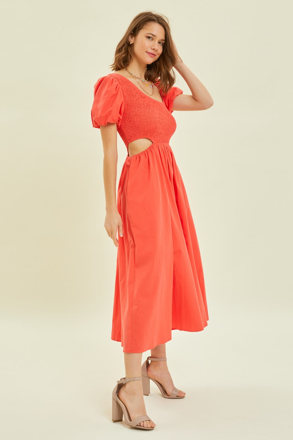 Asymmetrical Neckline Smocked Cutout Midi Dress in Cherry Orange Red Southern Soul Collectives