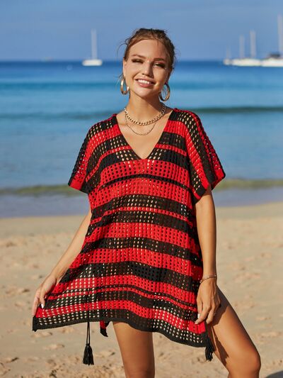 Tassel Openwork Striped V-Neck Cover Up in Multiple Colors  Southern Soul Collectives