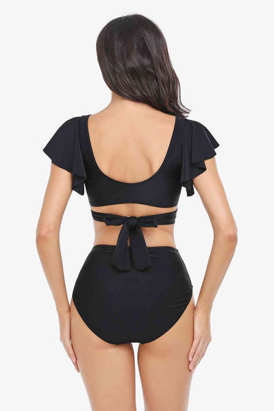 Two-Tone Flutter Sleeve Tied Two-Piece Swimsuit  Southern Soul Collectives