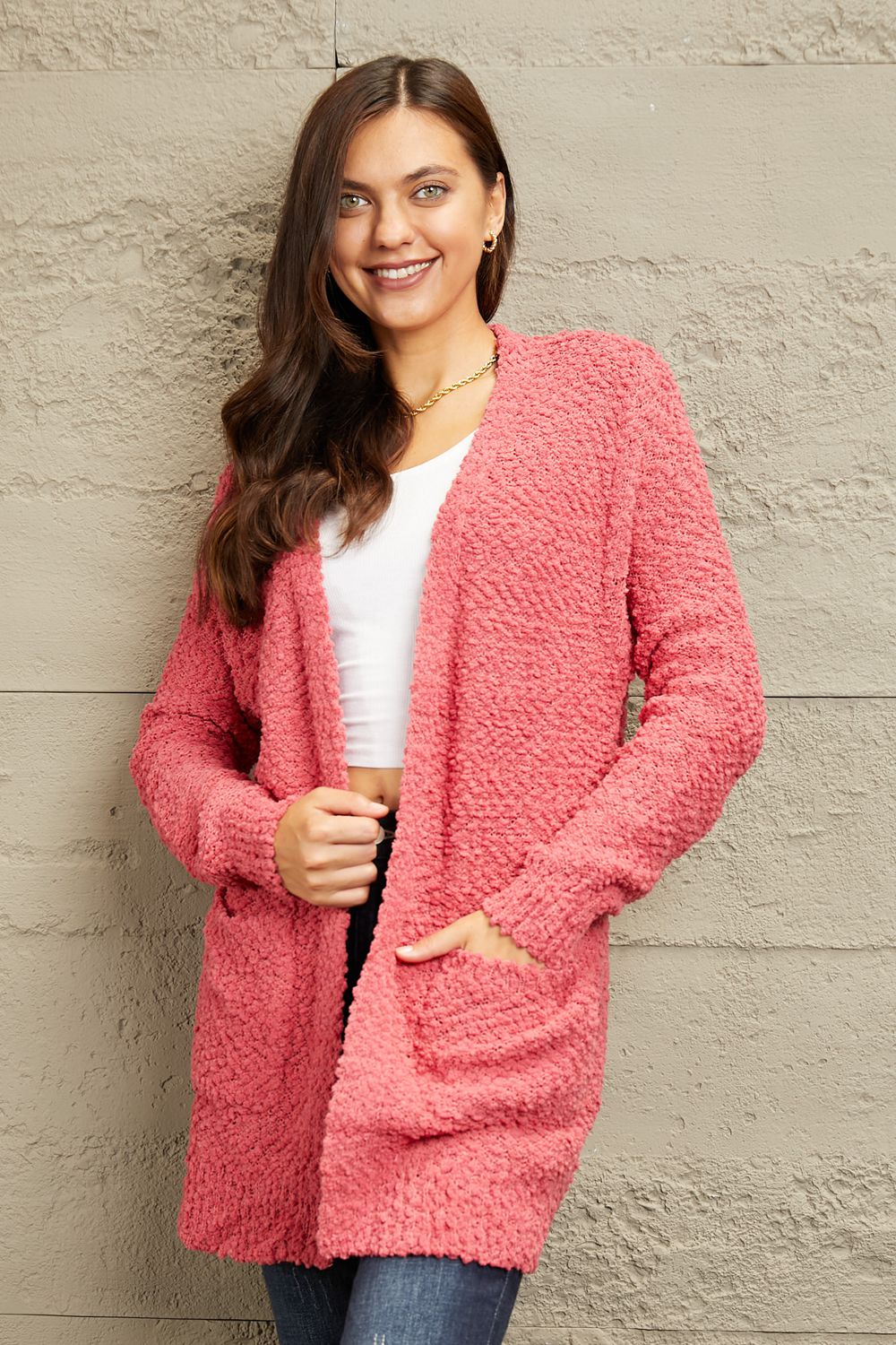 Zenana Falling For You Open Front Popcorn Cardigan in Strawberry  Southern Soul Collectives 