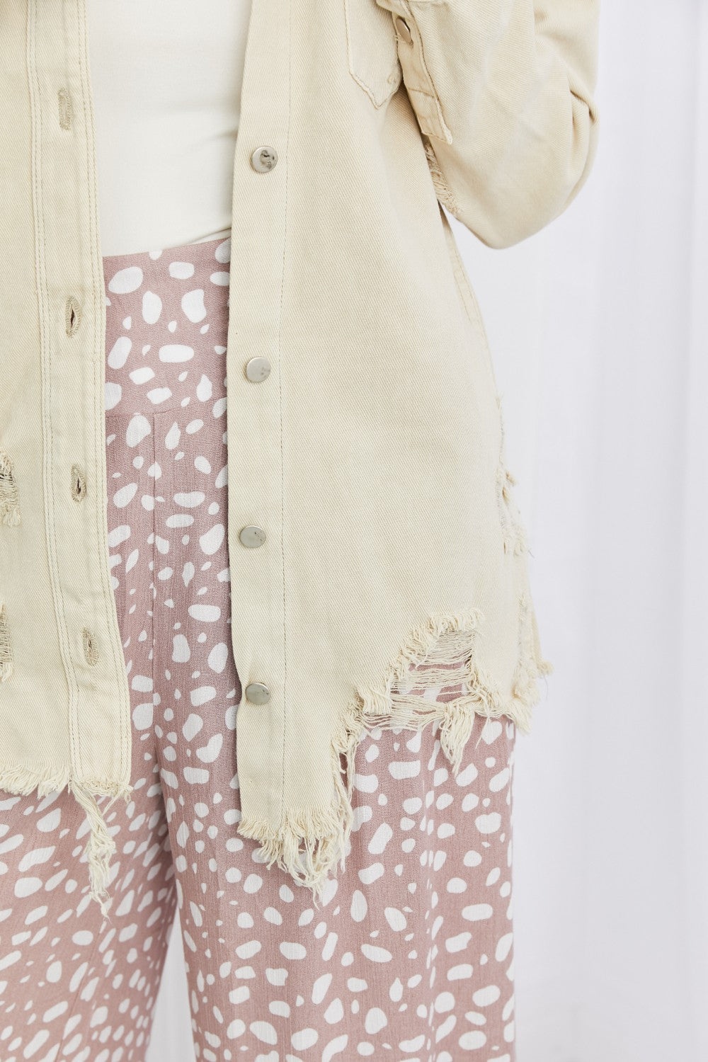 American Bazi Distressed Button Down Denim Jacket in Sand  Southern Soul Collectives 