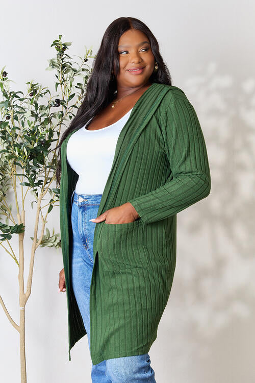Basics Ribbed Open Front Long Sleeve Hooded Cardigan with Pockets in Multiple Colors  Southern Soul Collectives