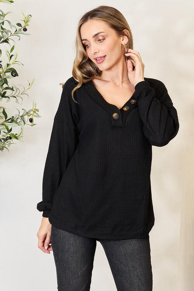 Waffle Knit Buttoned Collar Long Sleeve Top in Black - Southern Soul Collectives