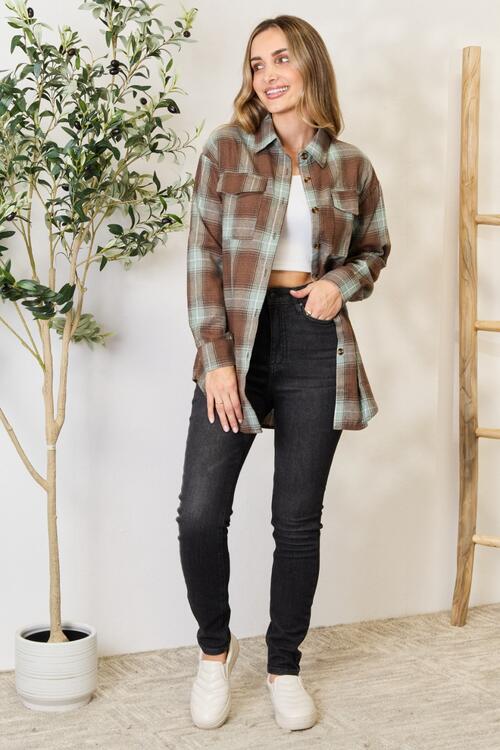 Plaid Dropped Shoulder Button Up Shirt in Olive Brown - Southern Soul Collectives