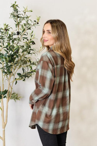 Plaid Dropped Shoulder Button Up Shirt in Olive Brown - Southern Soul Collectives