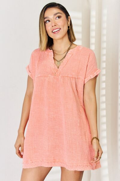 Mineral Washed Notched Rolled Short Sleeve Mini Shirt Dress in Coral  Southern Soul Collectives