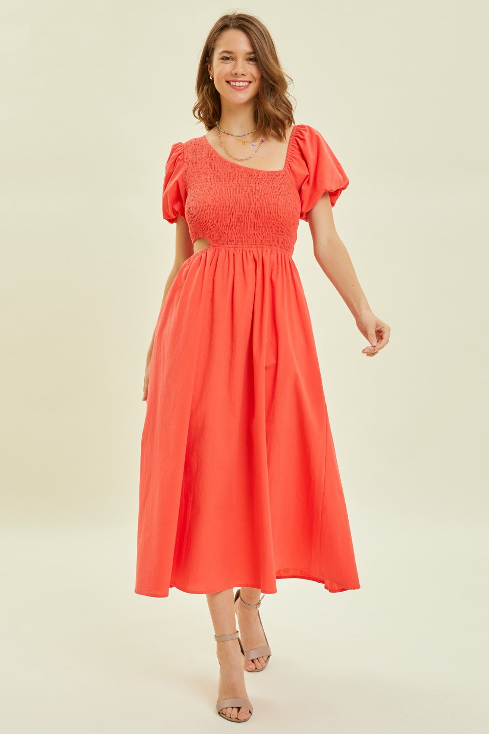 Asymmetrical Neckline Smocked Cutout Midi Dress in Cherry Orange Red Southern Soul Collectives