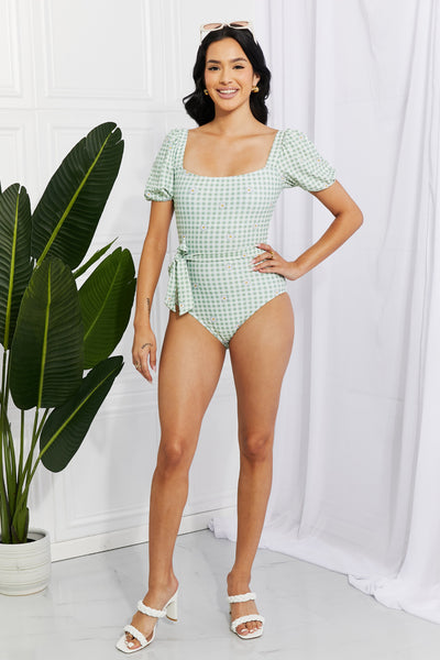 Salty Air Puff Sleeve Gingham One-Piece Swimsuit in Sage  Southern Soul Collectives 