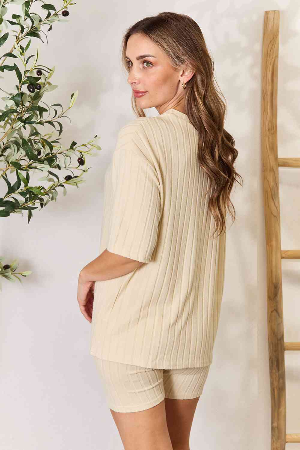 Ribbed Knit Round Neck Top and Shorts Loungewear Set in Sand - Southern Soul Collectives