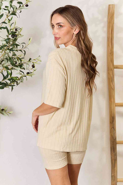 Ribbed Knit Round Neck Top and Shorts Loungewear Set in Sand