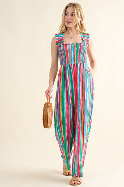 Multi-Color Striped Smocked Sleeveless Jumpsuit  Southern Soul Collectives