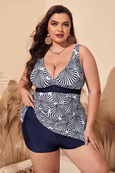 Plus Size Printed Sleeveless Top and Shorts Swim Set  Southern Soul Collectives