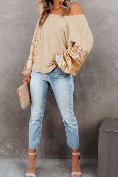 Sequin Sleeve Waffle-Knit Crisscross Open Back Blouse in Multiple Colors - Southern Soul Collectives