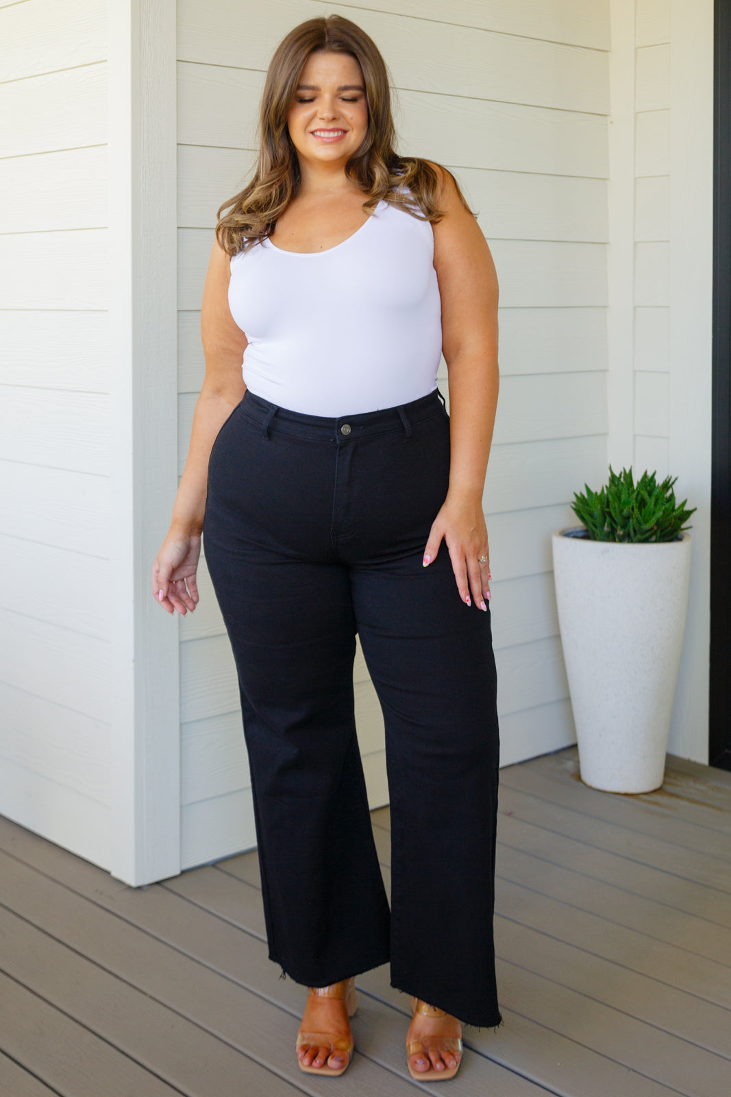 August High Rise Wide Leg Crop Jeans in Black Womens Southern Soul Collectives 