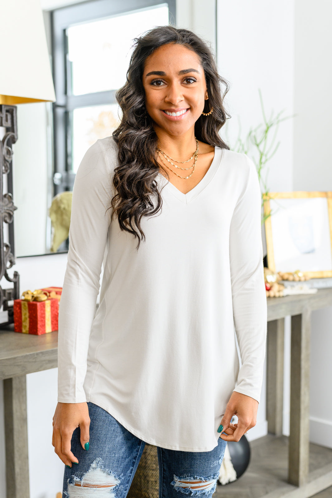 Basics Are Best Long Sleeve V-Neck Top in Bone Womens Southern Soul Collectives 