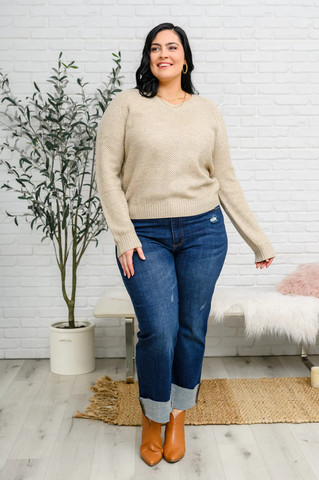 Chai Latte V-Neck Sweater in Oatmeal Womens Southern Soul Collectives 