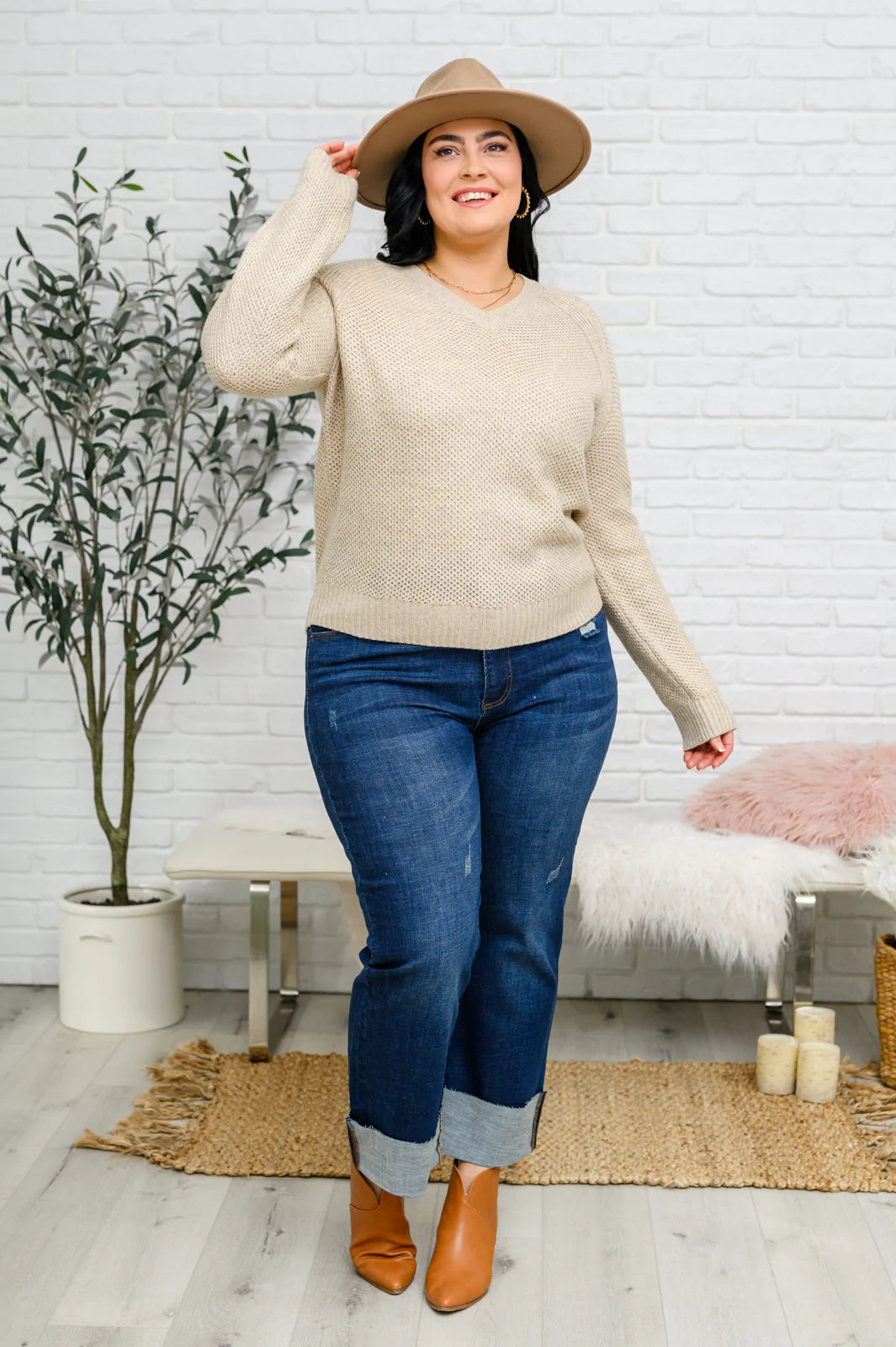 Chai Latte V-Neck Sweater in Oatmeal Womens Southern Soul Collectives 