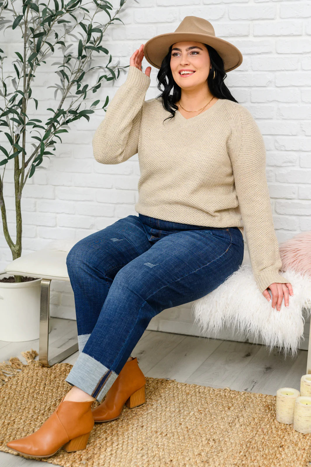 Chai Latte V-Neck Sweater in Oatmeal Womens Southern Soul Collectives 