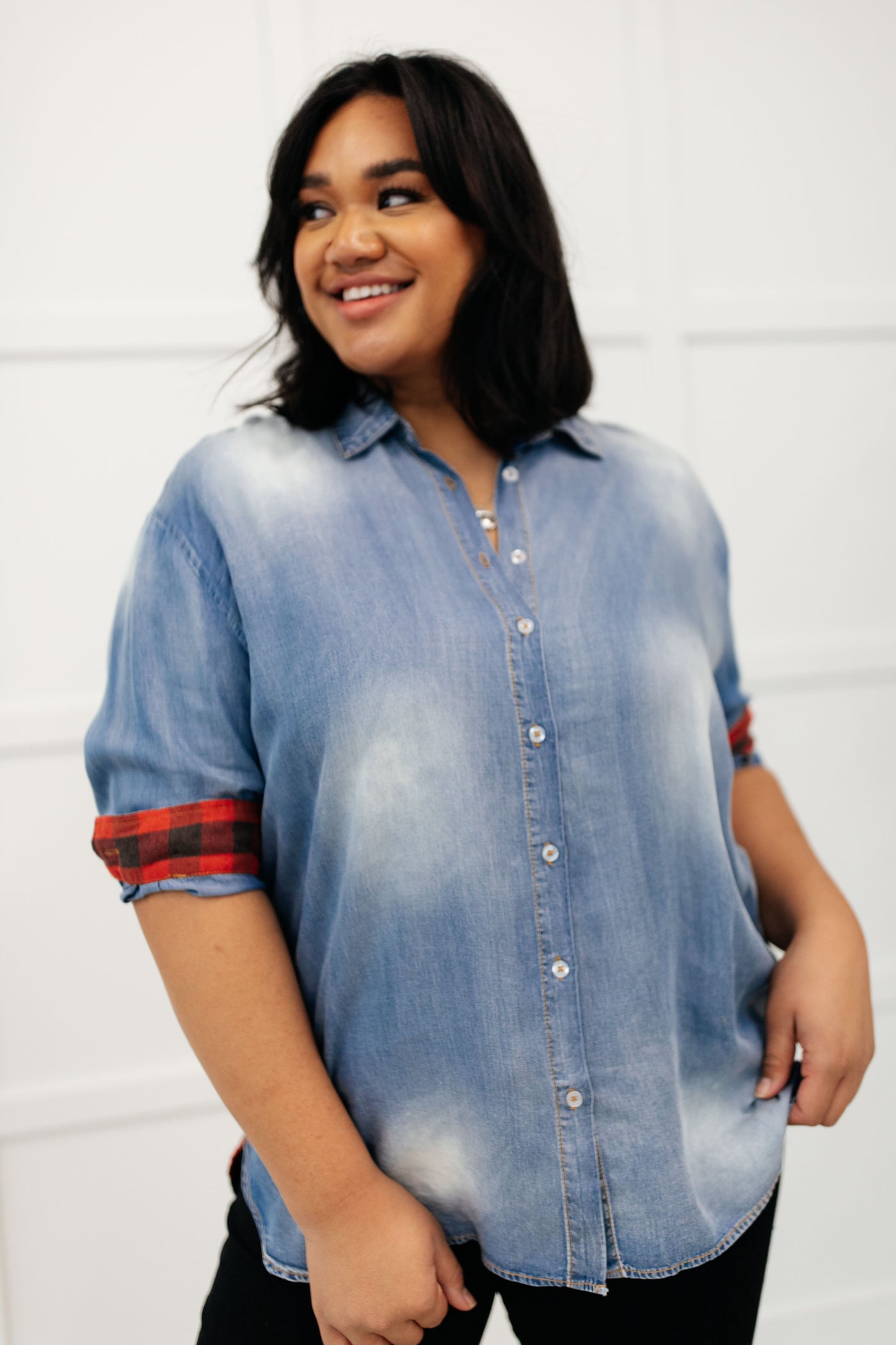 Checkered Denim Patch Shirt Womens Southern Soul Collectives 