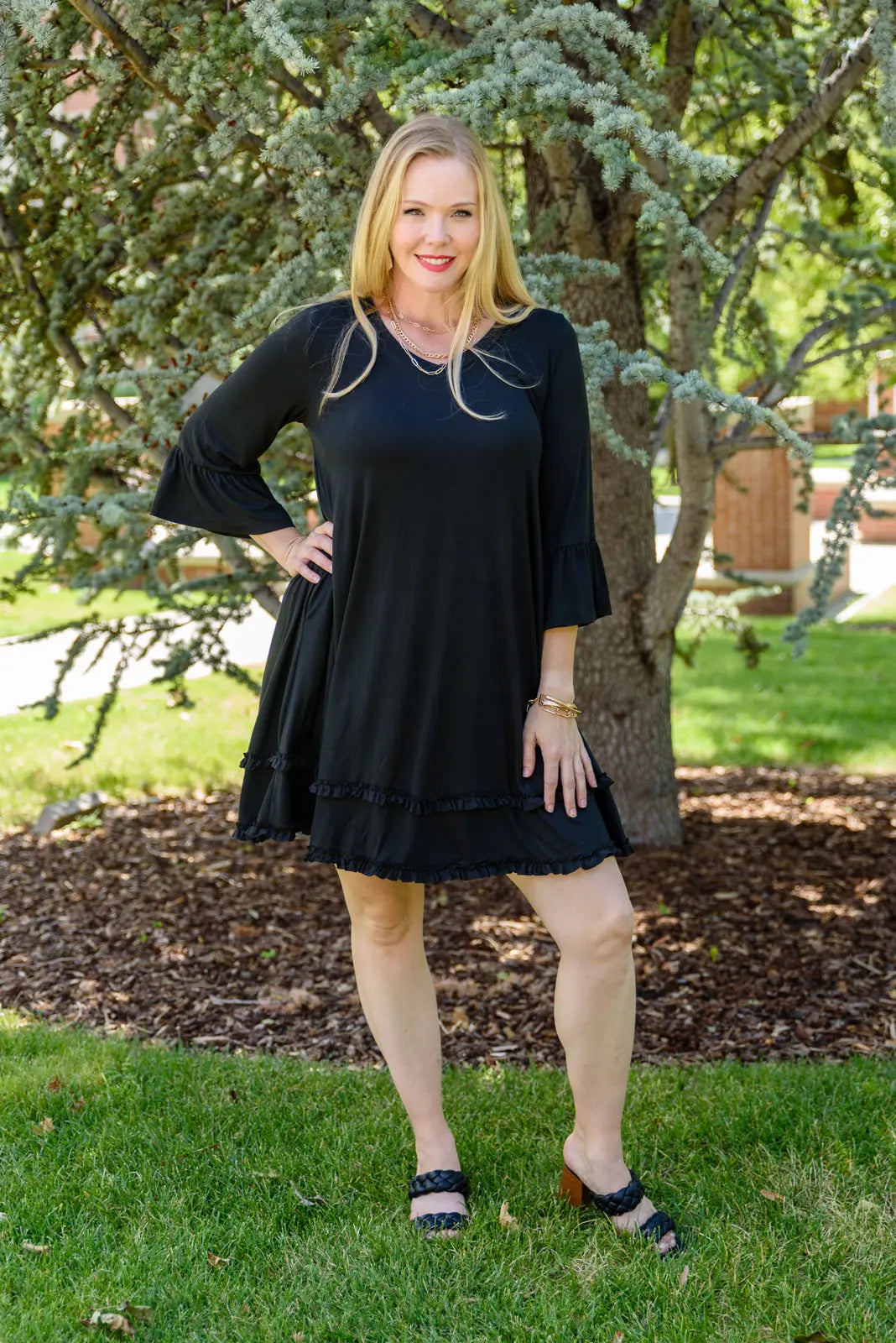 Coast Ruffle Quarter Sleeve Babydoll Dress in Black Womens Southern Soul Collectives 