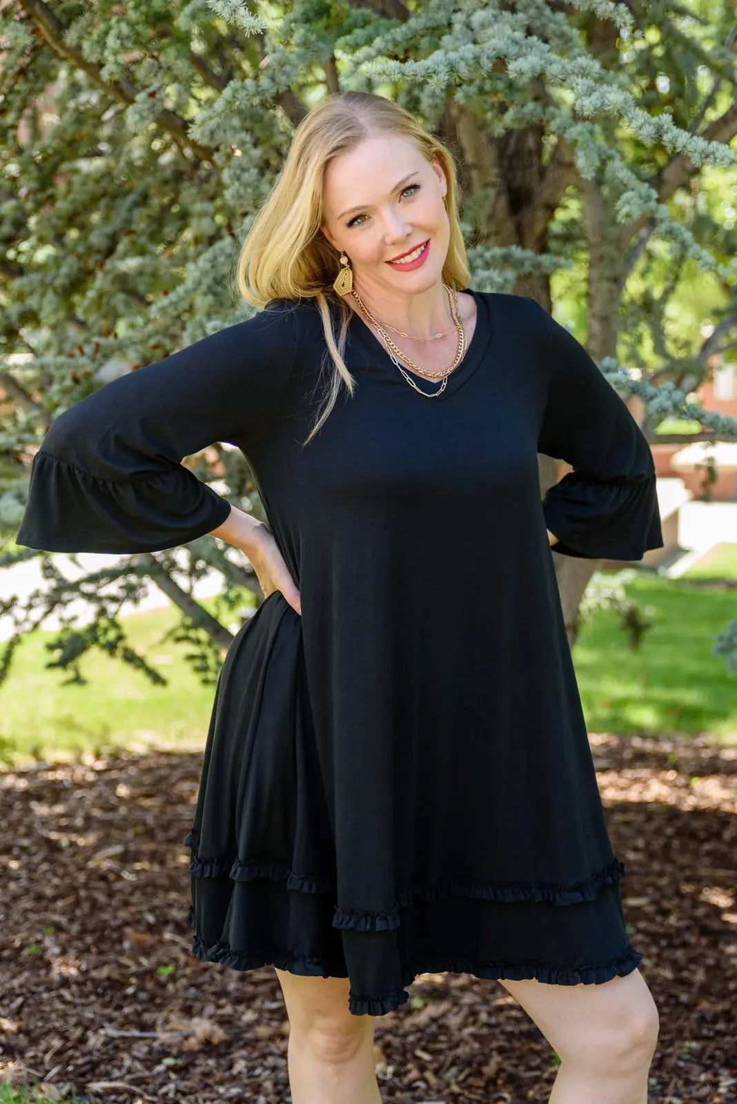 Coast Ruffle Quarter Sleeve Babydoll Dress in Black Womens Southern Soul Collectives 