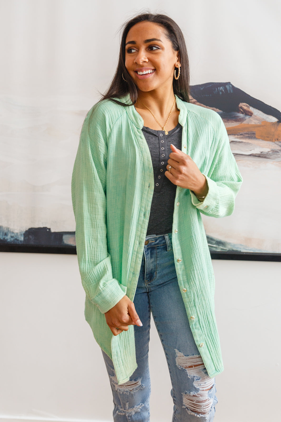 Corey Button Up Top In Vintage Green Womens Southern Soul Collectives 