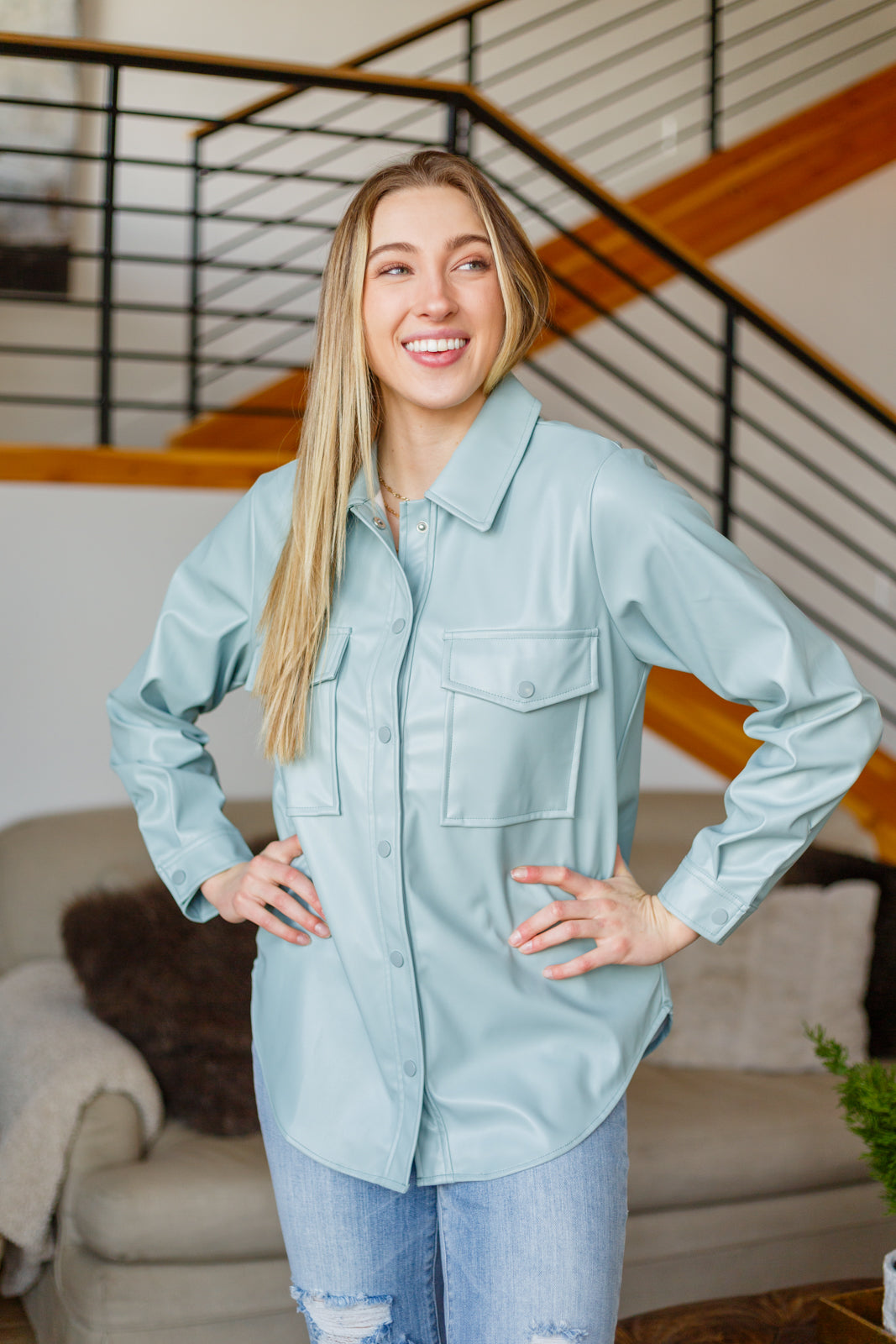 Endlessly Longing Faux Leather Shacket in Mint Womens Southern Soul Collectives 