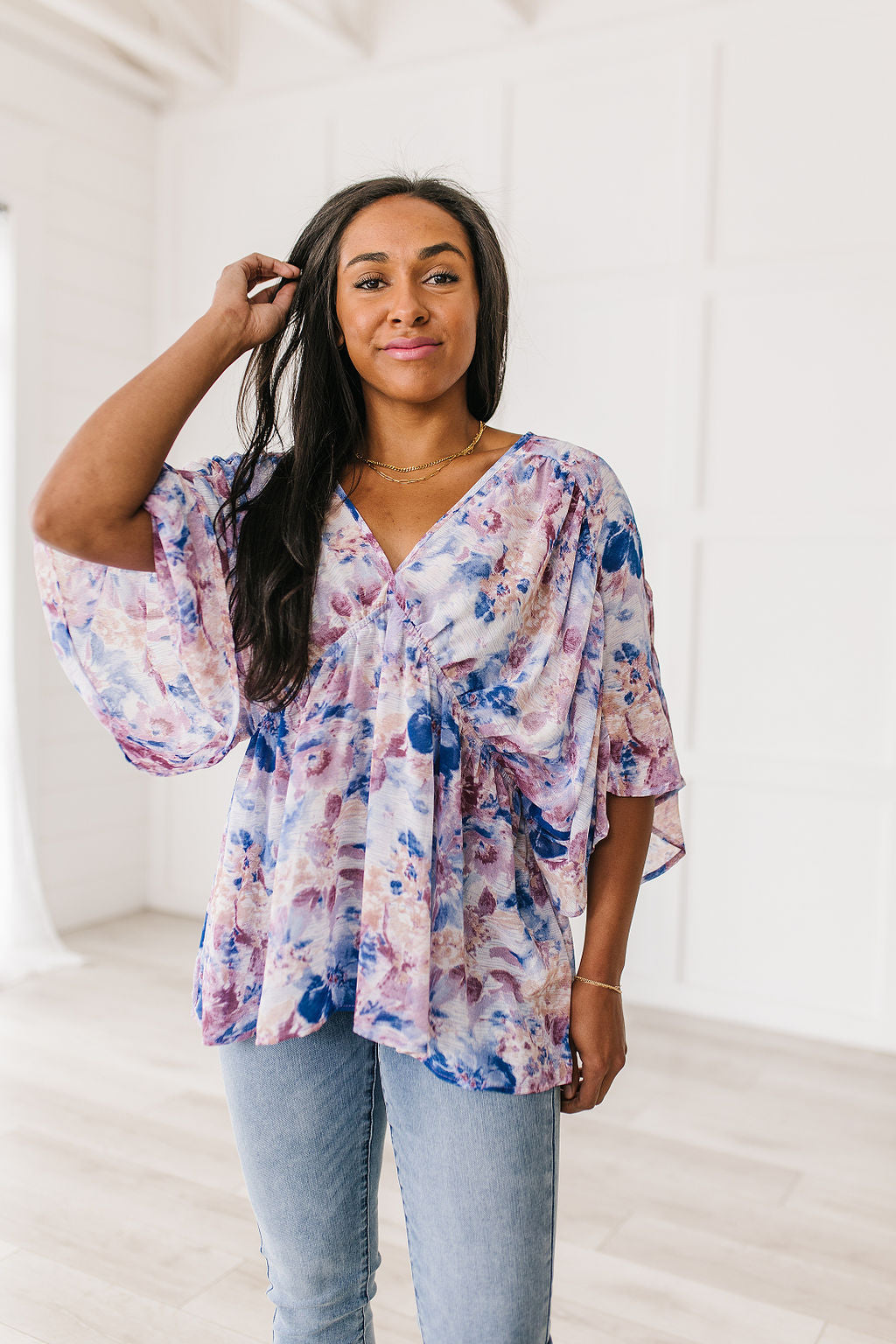 Fabled in Floral Draped Peplum Top in Blue Womens Southern Soul Collectives 