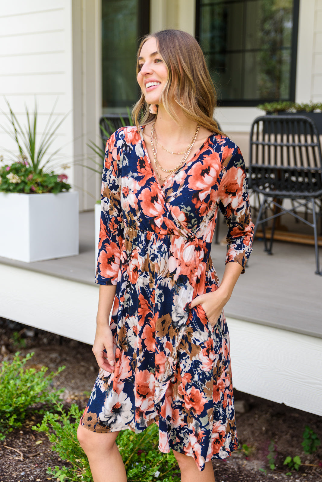Follow The Sun Floral Long Sleeve Navy Blue Dress Womens Southern Soul Collectives 