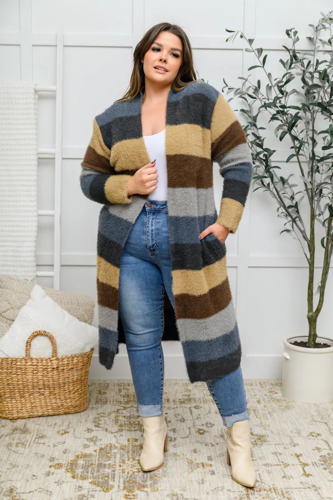 Fuzzy Longline Cardigan In Blue & Cocoa Womens Southern Soul Collectives 