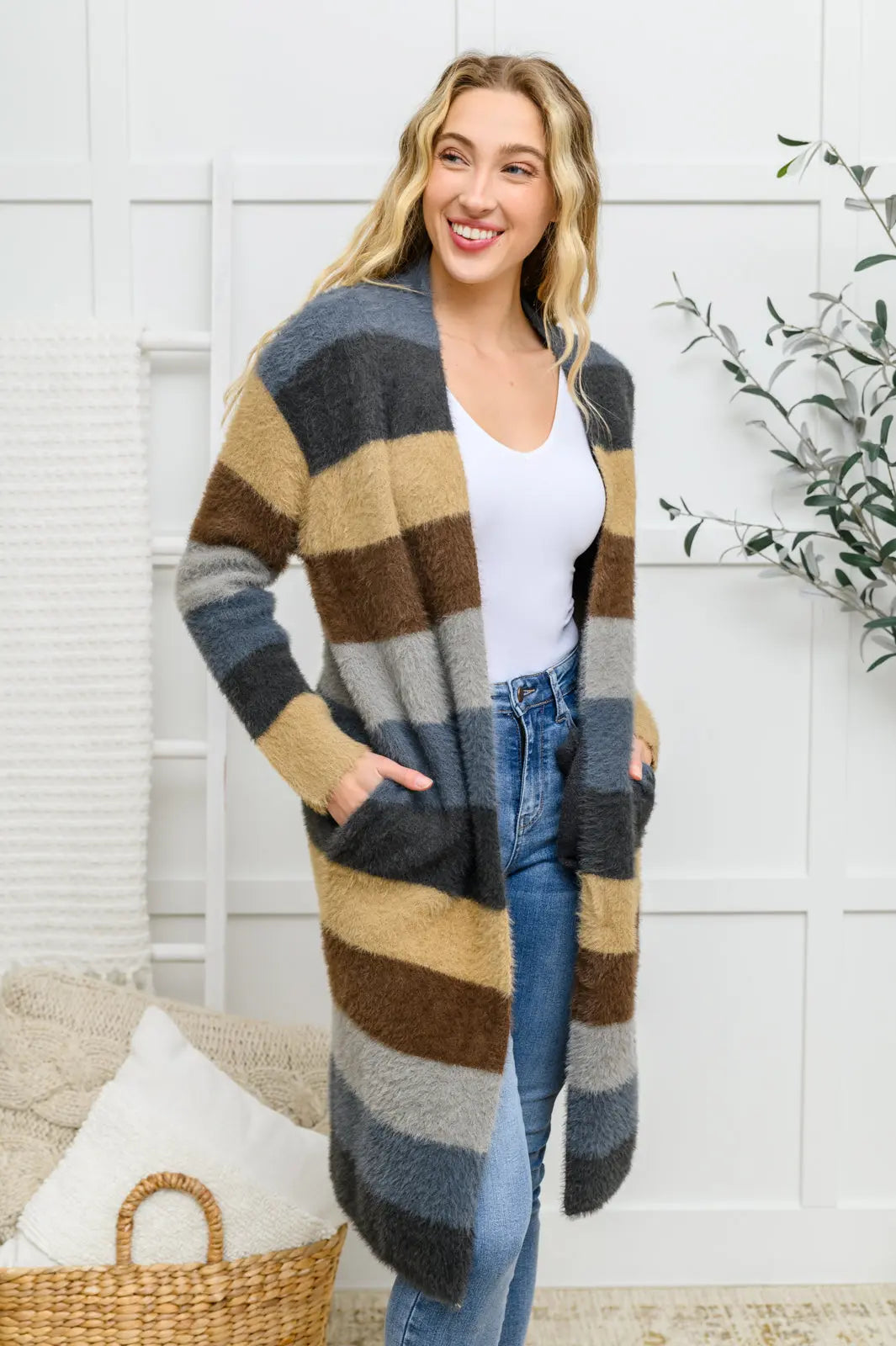 Fuzzy Longline Cardigan In Blue & Cocoa Womens Southern Soul Collectives 