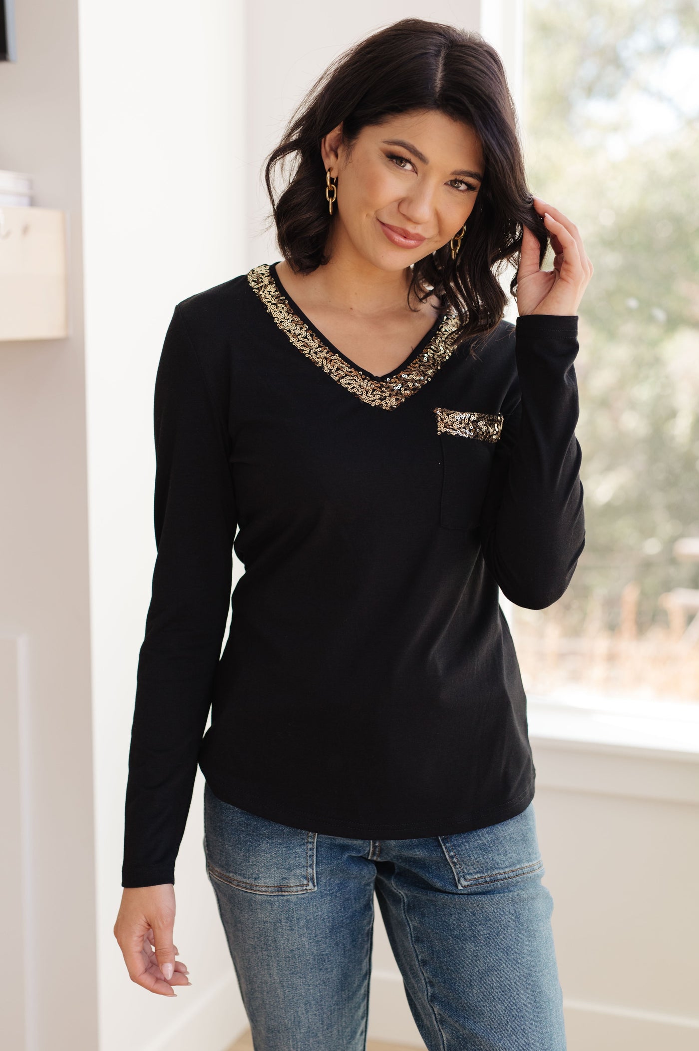Glitter Lining Long Sleeve V-Neck Top Womens Southern Soul Collectives