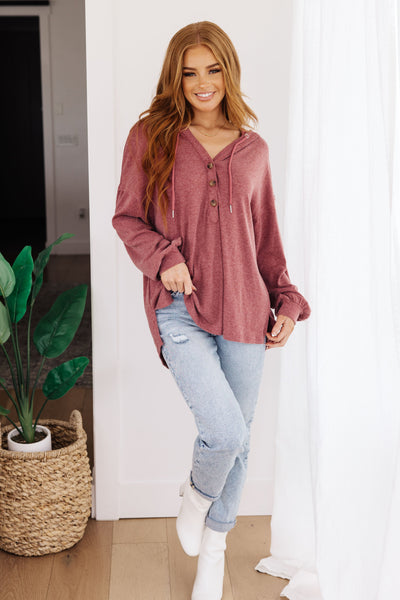 Happier Now Henley Hoodie in Burgundy Womens Southern Soul Collectives 