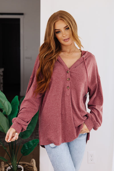 Happier Now Henley Hoodie in Burgundy Womens Southern Soul Collectives 
