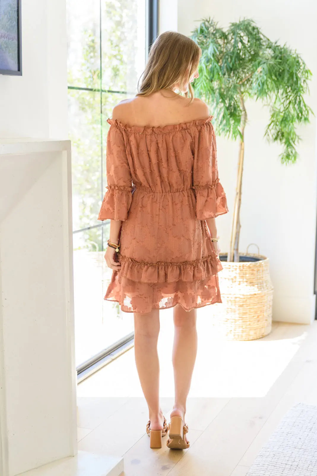 Hello, Goodbye Off the Shoulder Rust Colored Ruffle Dress Womens Southern Soul Collectives 
