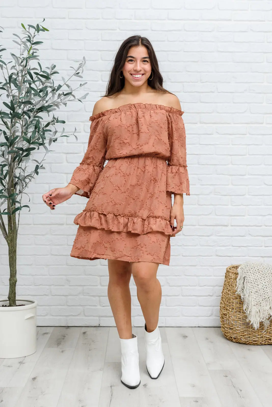 Hello, Goodbye Off the Shoulder Rust Colored Ruffle Dress Womens Southern Soul Collectives 